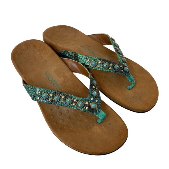 Vionic Flip Flops Womens 8 Floriana Sandals Studded Orthotic Turquoise Western - Picture 1 of 11